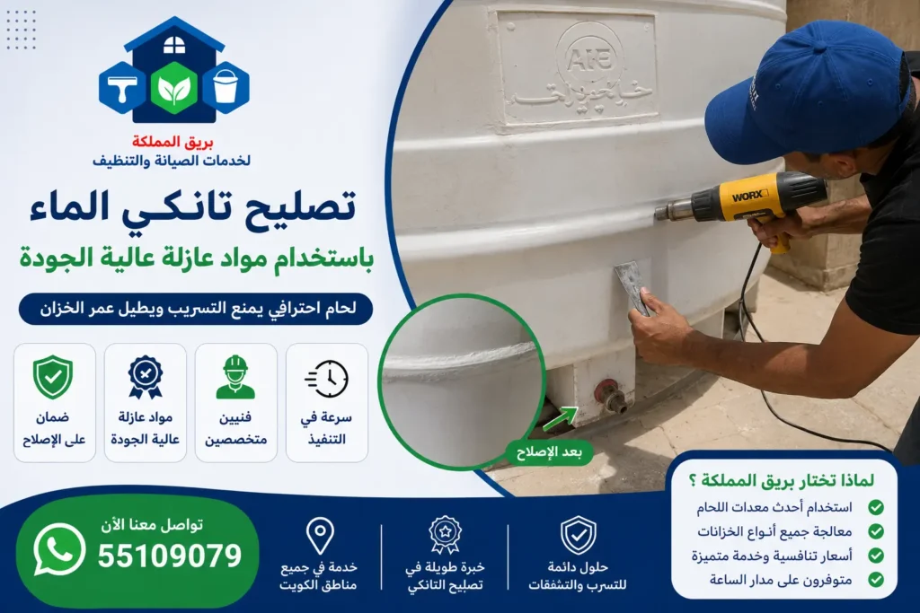 فني يقوم بلحام وتصليح تسريب خزان مياه بلاستيك باستخدام أدوات احترافية ومواد عازلة قوية