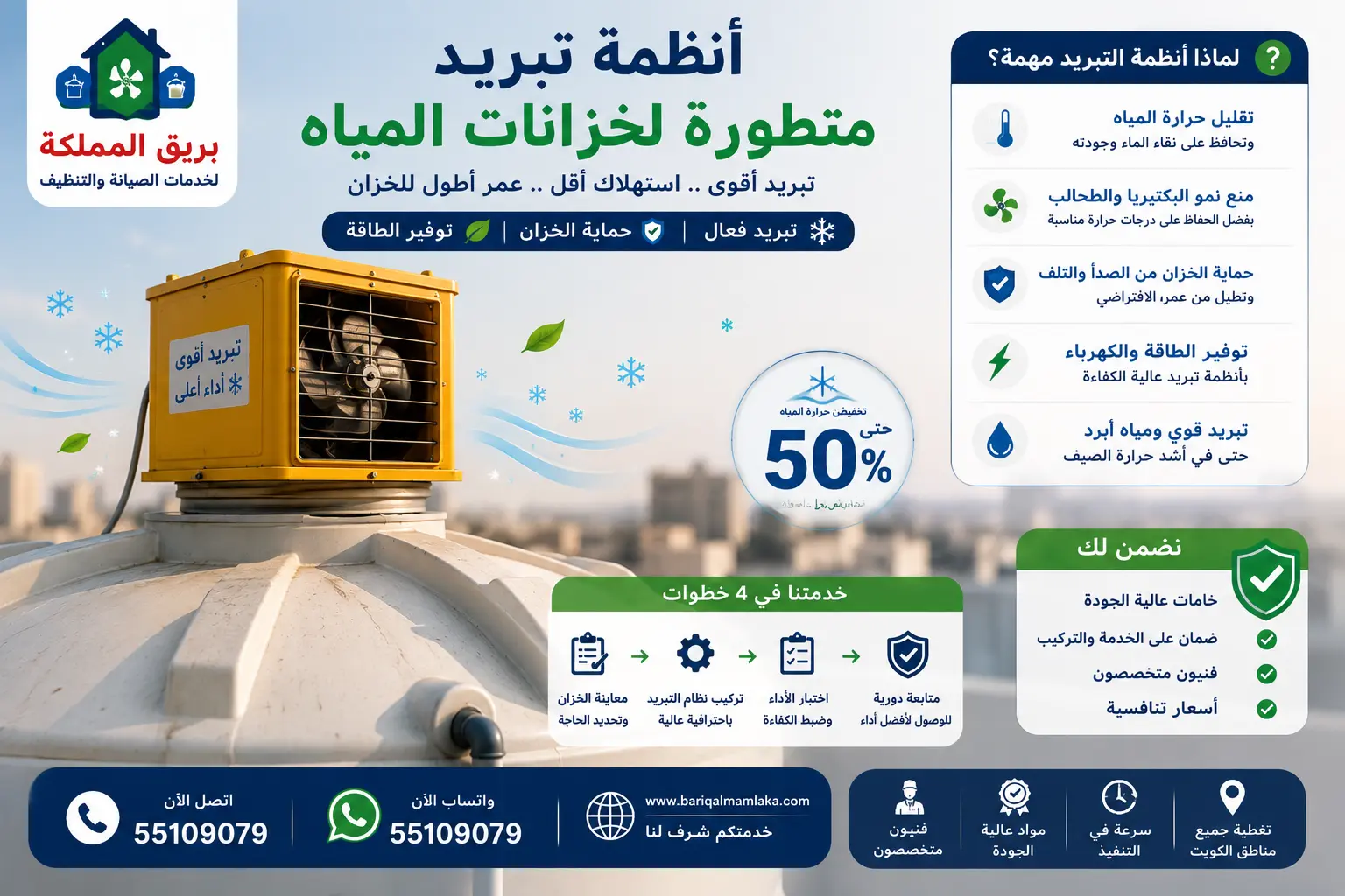 نظام تبريد حديث مثبت فوق خزان مياه علوي لتقليل حرارة المياه في الكويت